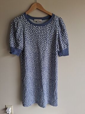 LOFT Blue and White Dot Puff-Sleeve Shift Dress